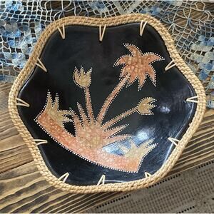 Vintage Peruvian Clay With Leather Inlay Rattan Trim Palm Trees Black Tan Bowl